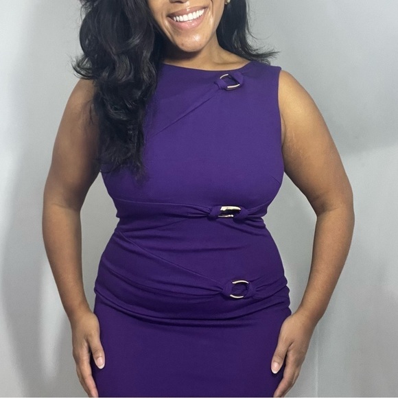 Vintage Cache Purple Ponte Knit Bodycon Dress Gold buckles business casual midi - Picture 9 of 11